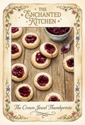 Illustration of jam-filled cookies on a wooden surface with 'The Enchanted Kitchen' branding.