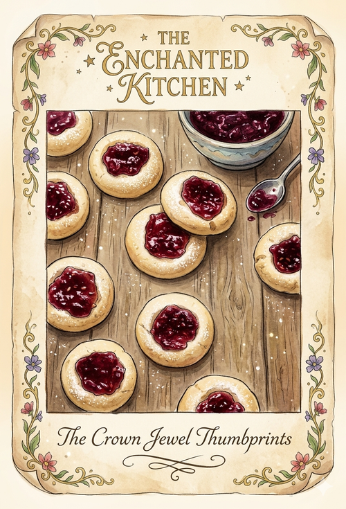 Illustration of jam-filled cookies on a wooden surface with 'The Enchanted Kitchen' branding.